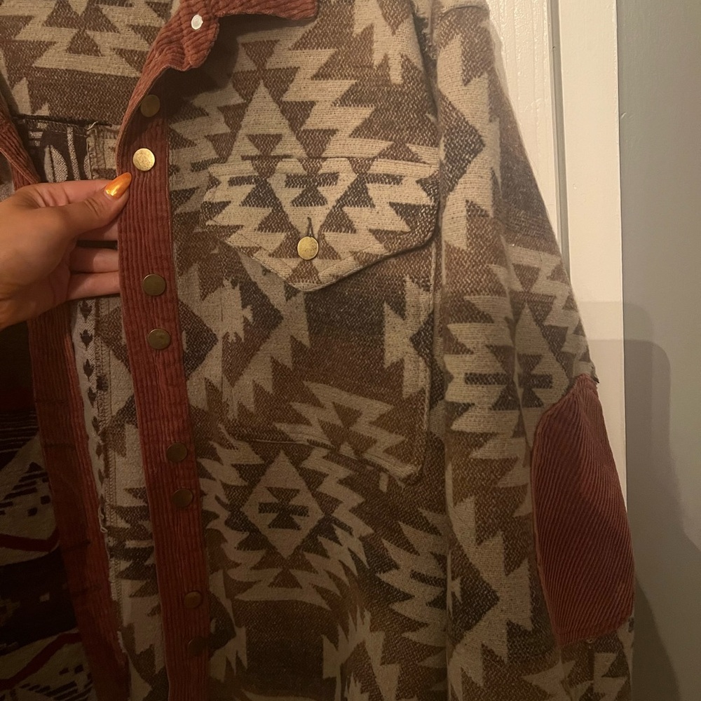 Women’s Aztec Pattern Jacket - Brown and Red - Picture 2 of 4